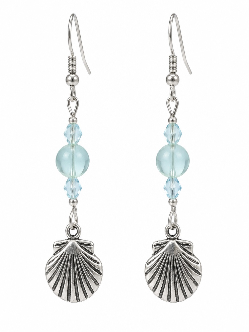Sea Shell Drop Earrings with Light Aqua Glass and Crystal Beads